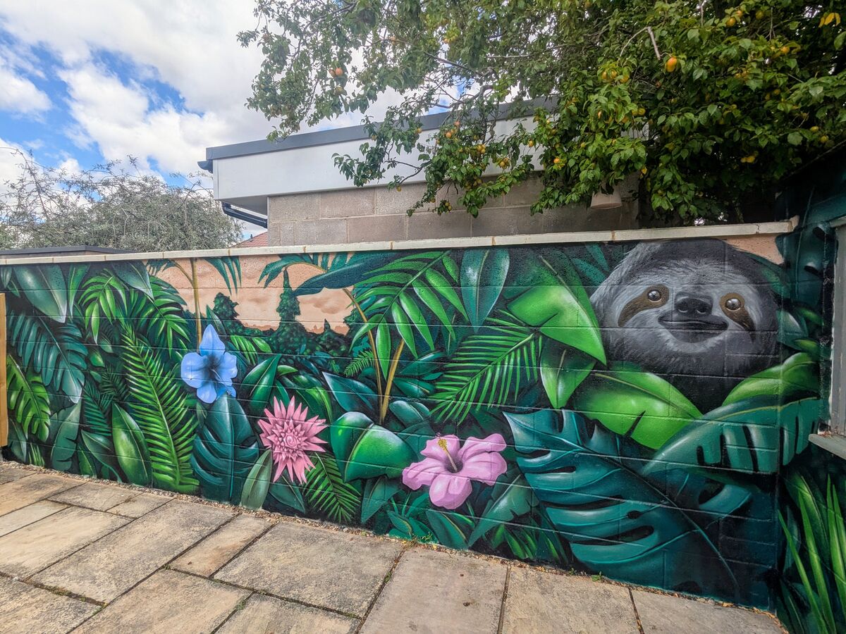 Garden mural art - custom outdoor wall painting by Jaksta Art